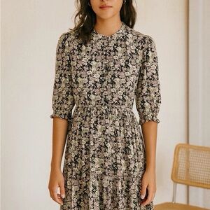 Natural Life Floral Boho Prairie Peasant Cottage Midi Dress Multicolor